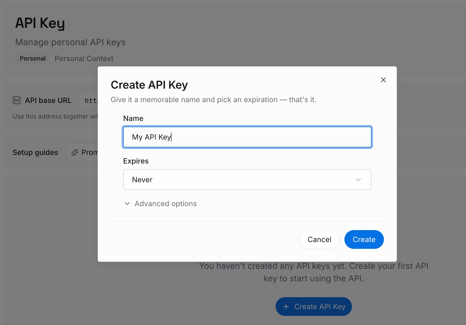 The MemoryLake console API Key page with the Create API Key dialog open, asking for a key name and an expiration