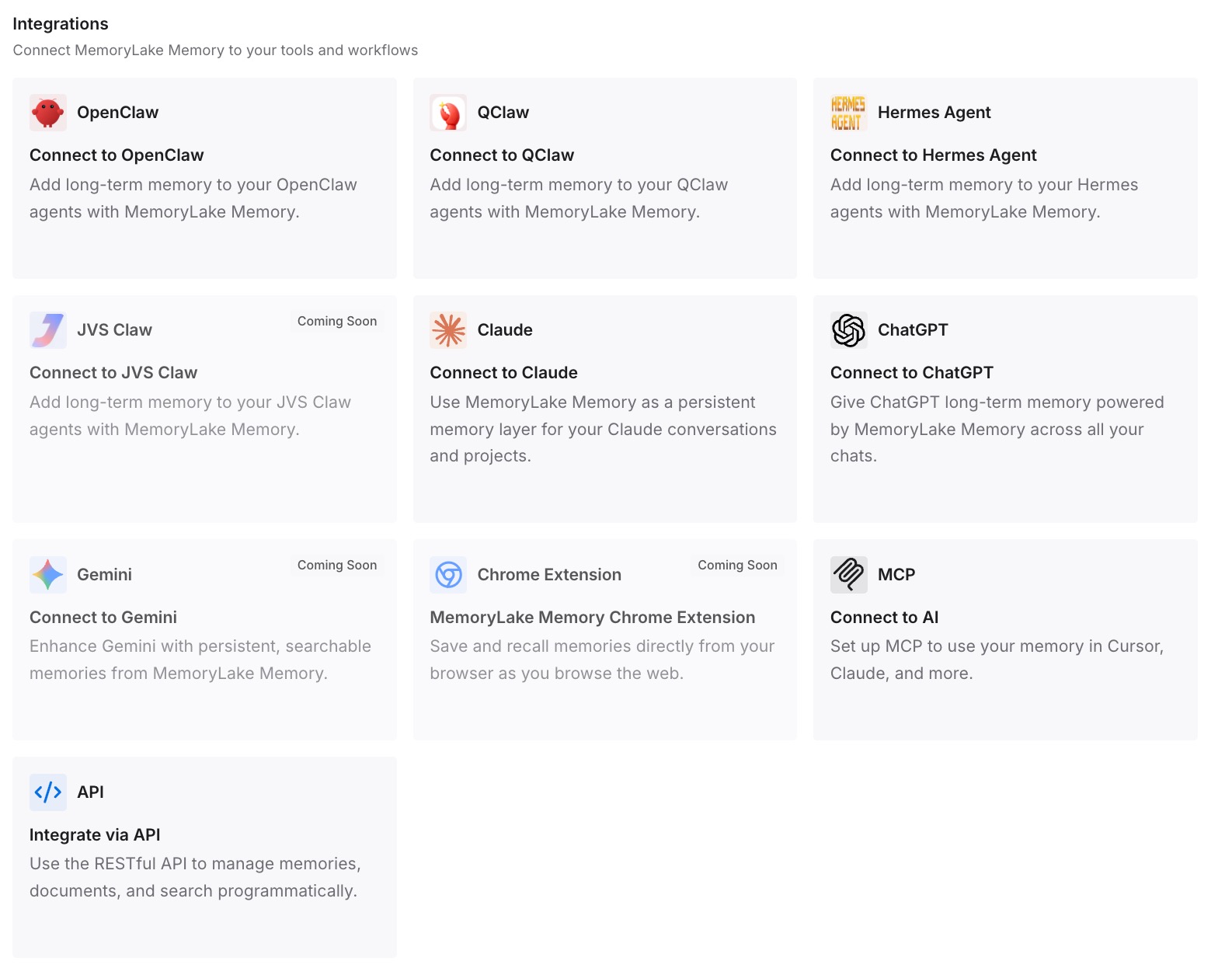 The MemoryLake integrations gallery with cards for OpenClaw, Hermes Agent, Claude, ChatGPT, MCP and the REST API
