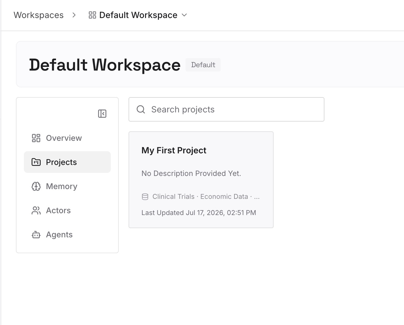 The MemoryLake default workspace on its Projects tab, showing the first project and the data sources attached to it
